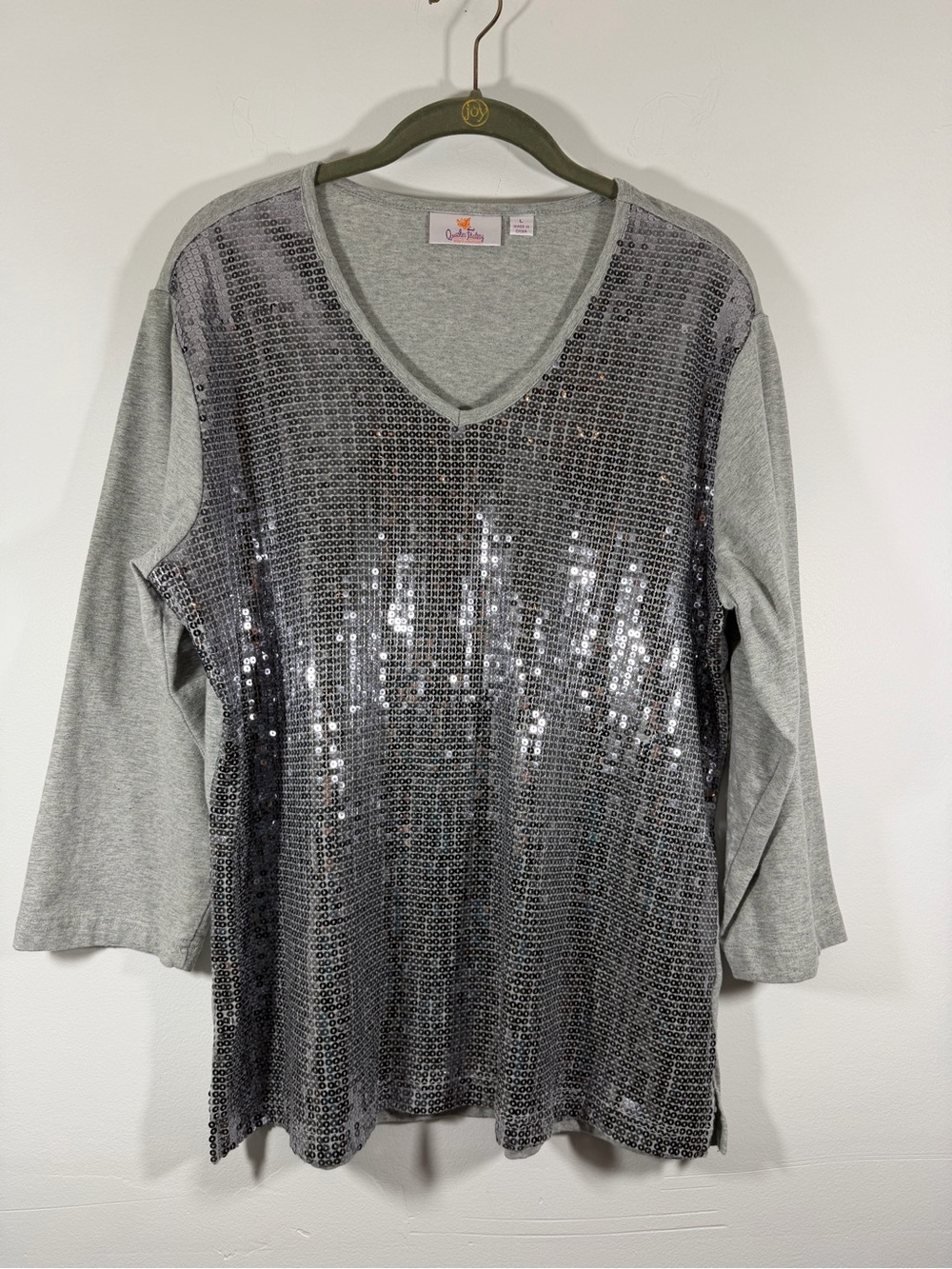 Quacker Factory Silver Sequin V-Neck Sweatshirt